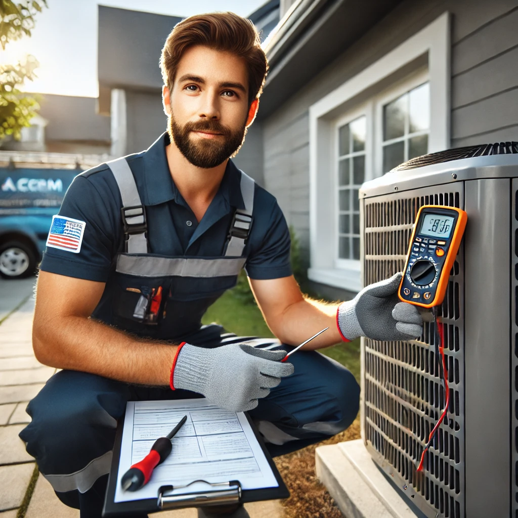 A professional HVAC technician in a crisp, branded uniform (navy blue polo with 'New Generation Refrigeration' logo) kneeling beside a modern residential outdoor AC unit, performing maintenance with a digital multimeter. Shot from a low angle to emphasize expertise, with the technician smiling confidently at the camera.